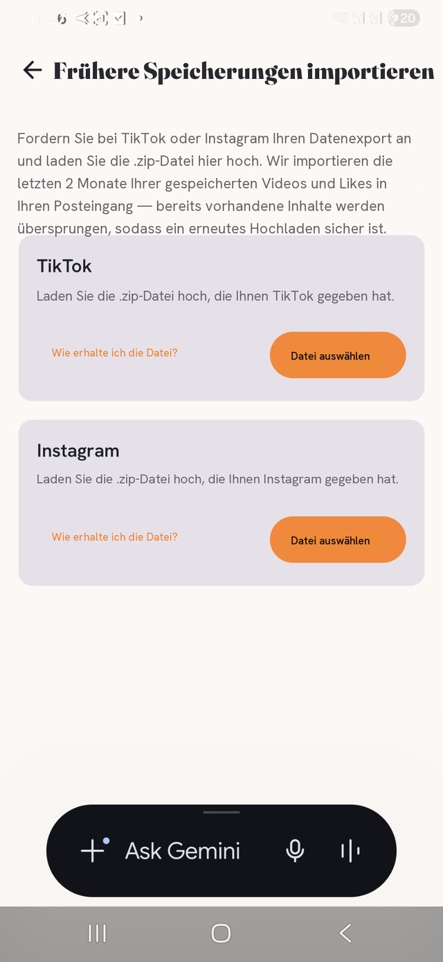 Der Bildschirm „Frühere Speicherungen importieren“ — TikTok und Instagram