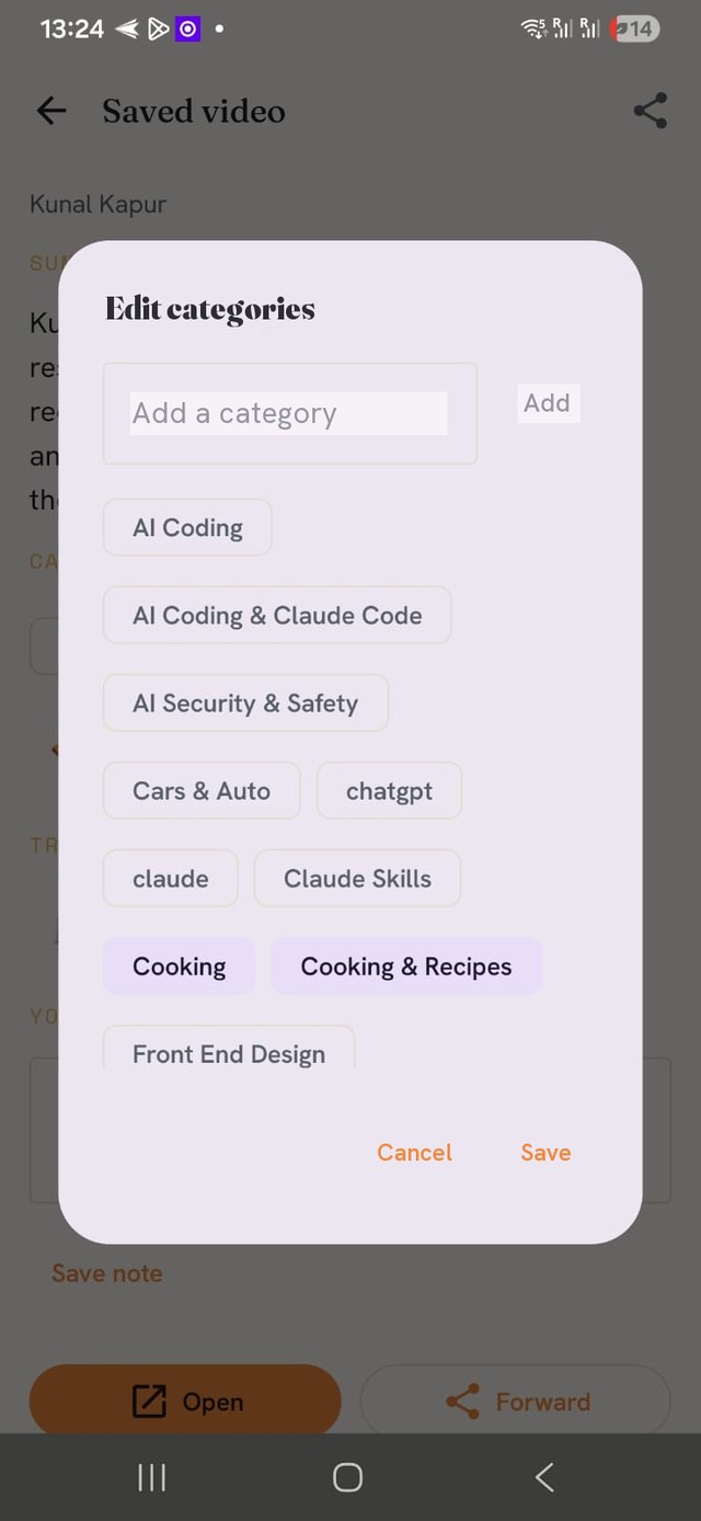 The Edit categories screen on a saved video