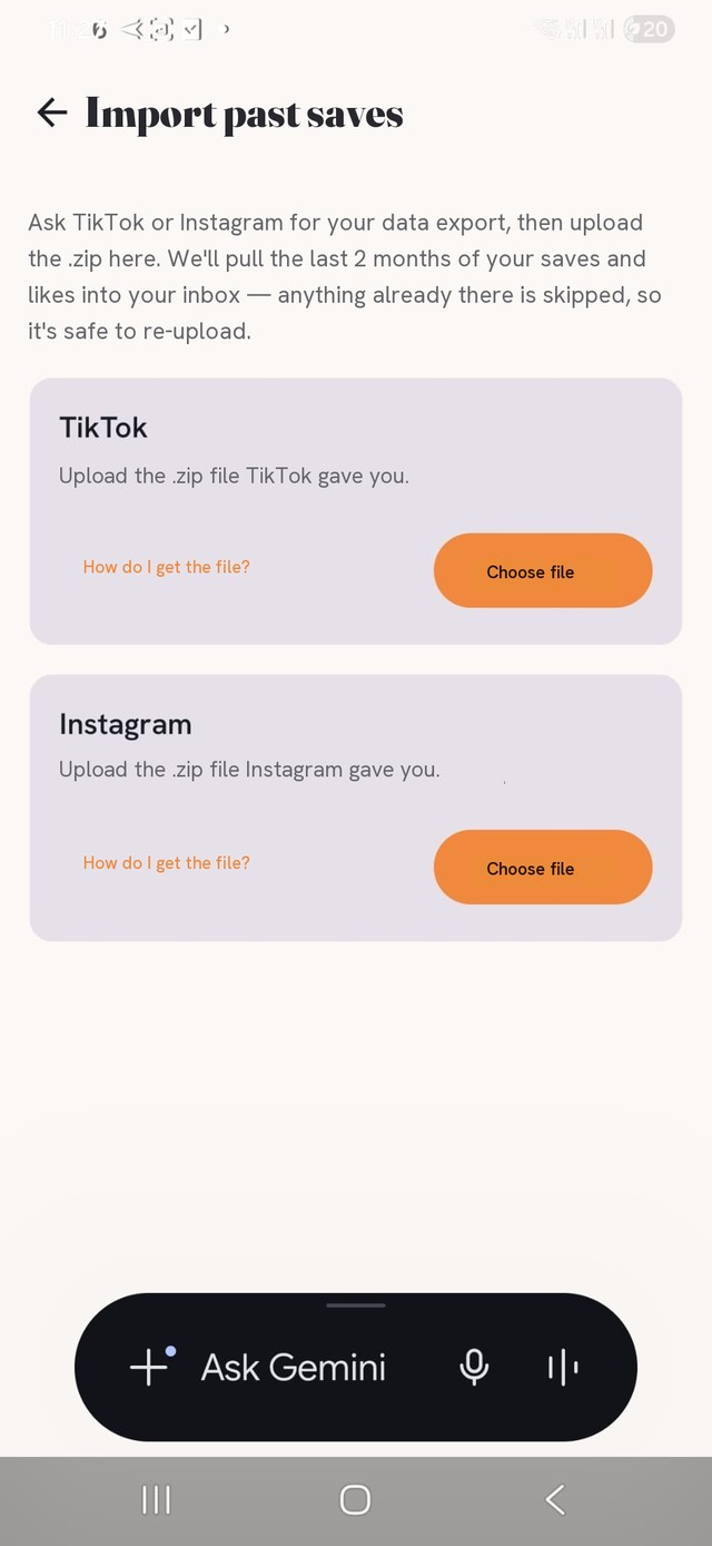 The Import past saves screen — TikTok and Instagram