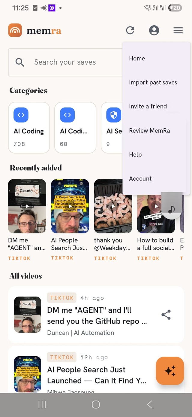 The MemRa inbox — search, categories and recent saves