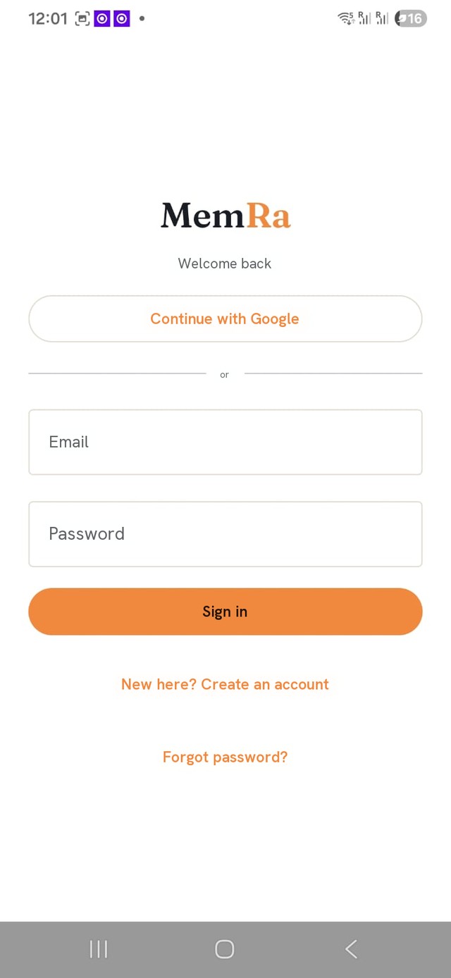 The MemRa app sign-in screen