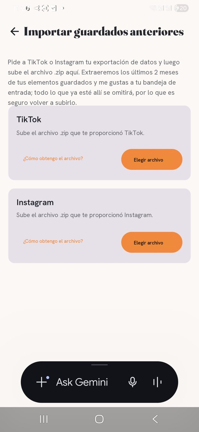 La pantalla Importar guardados anteriores — TikTok e Instagram