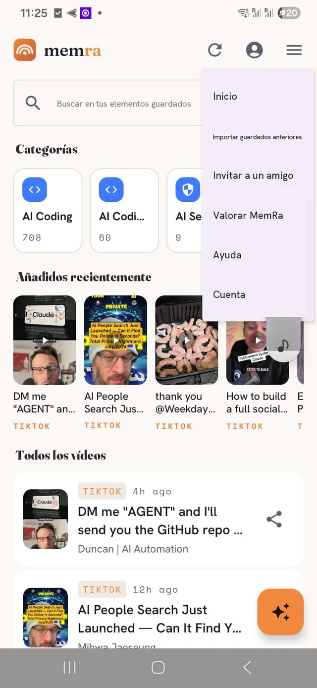 La bandeja de entrada de MemRa: búsqueda, categorías y guardados recientes