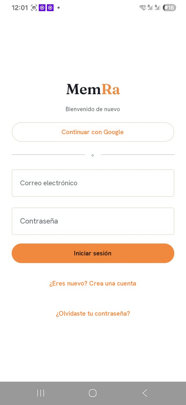 La pantalla de inicio de sesión de la app MemRa