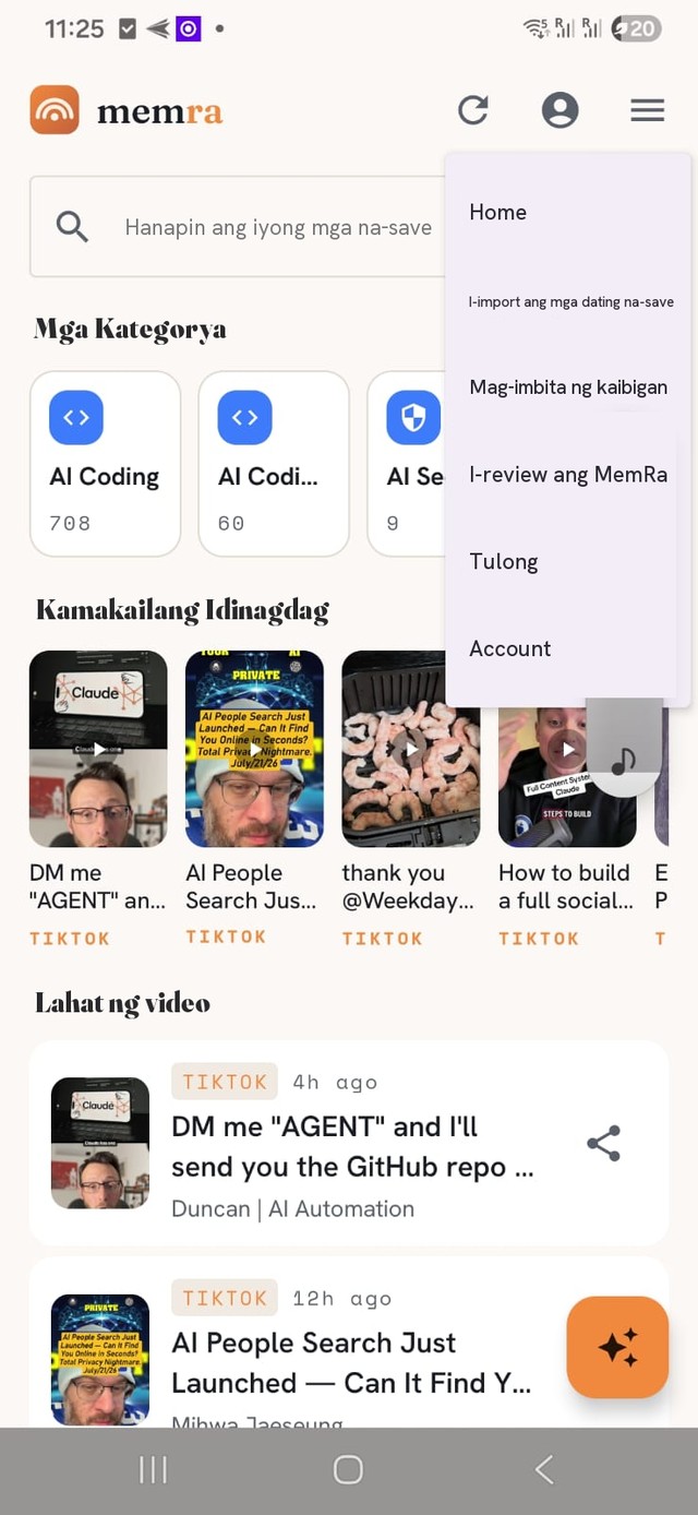 Ang MemRa inbox — search, mga kategorya at kamakailang mga save