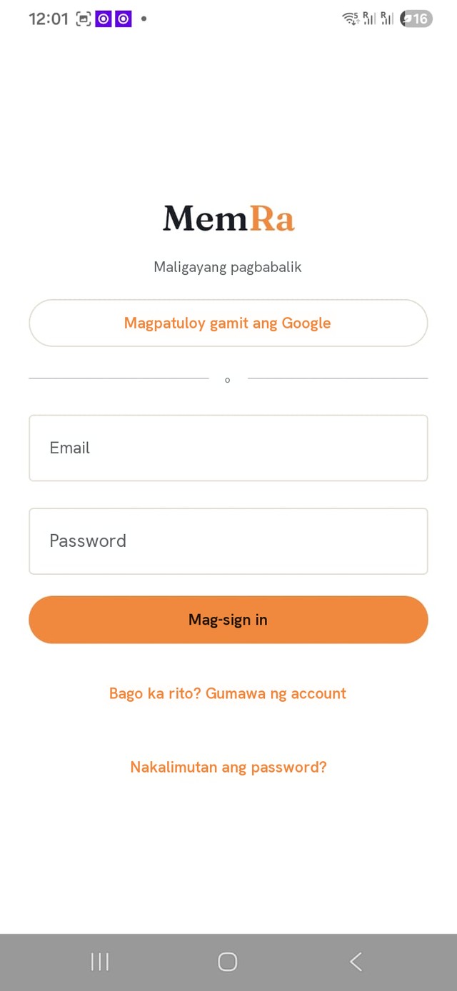 Ang sign-in screen ng MemRa app