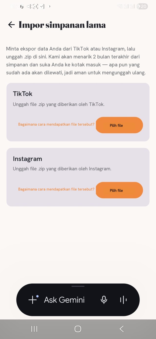 Layar Impor simpanan sebelumnya — TikTok dan Instagram