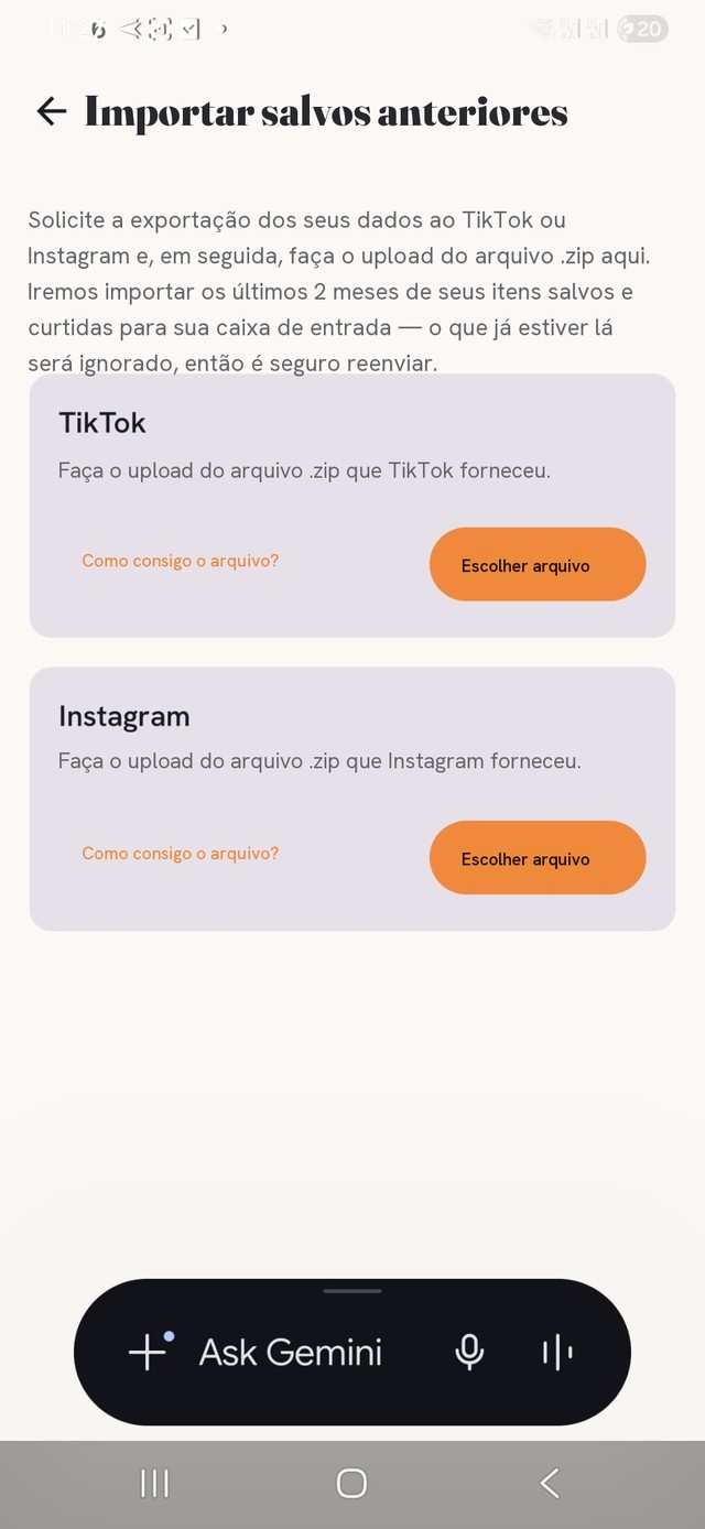 A tela Importar itens salvos anteriormente — TikTok e Instagram