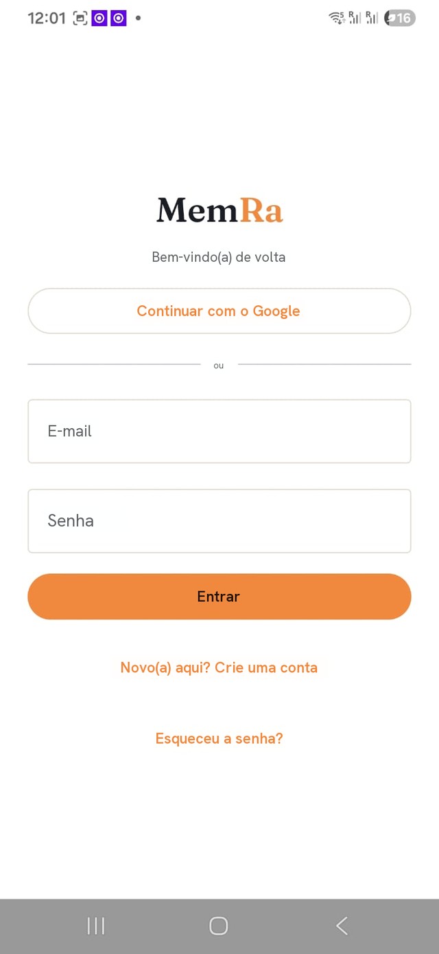 A tela de login do app MemRa