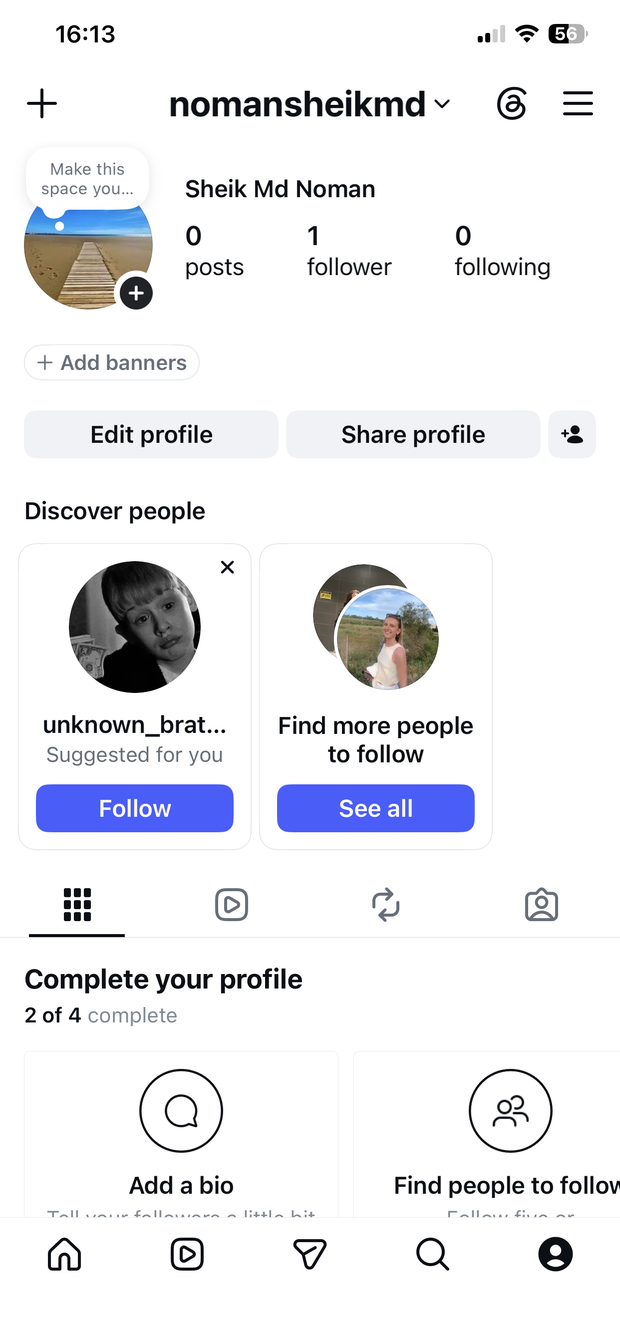 Instagram profile page, hamburger menu top-right