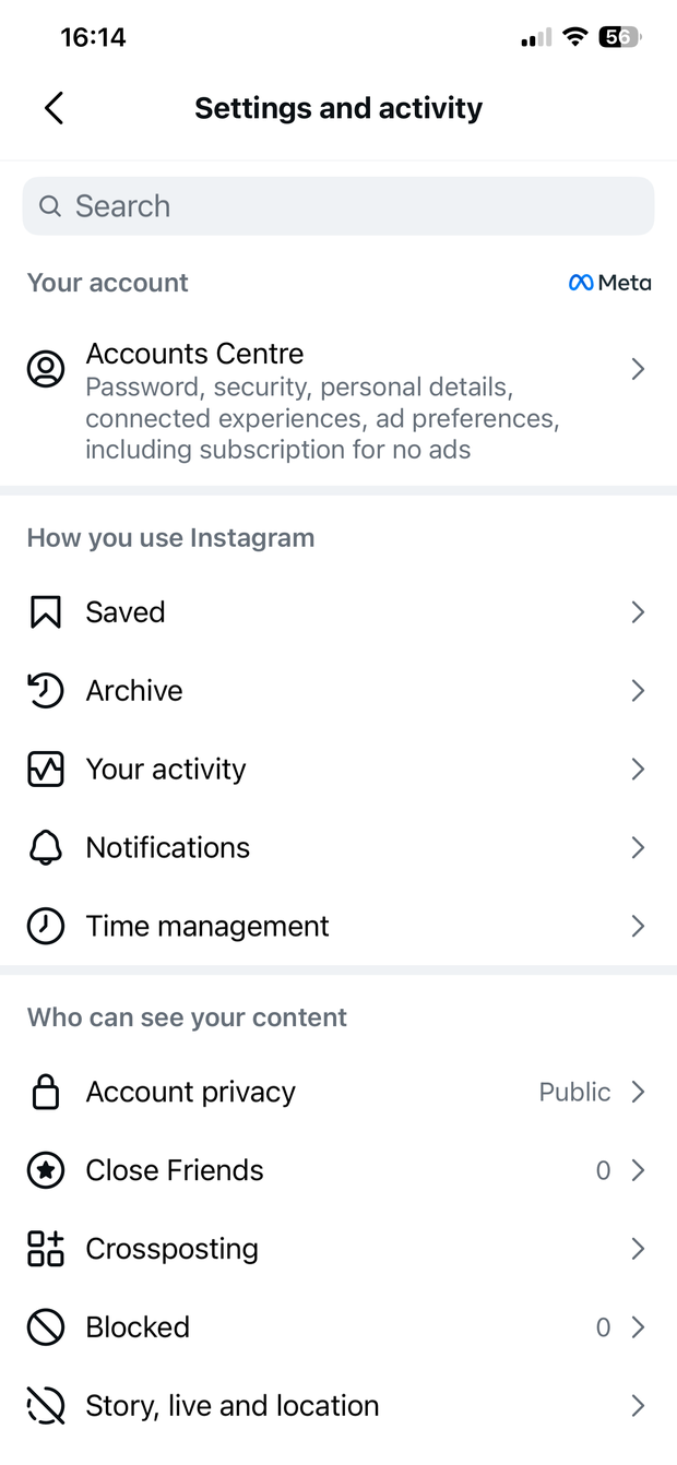 Settings and activity screen, Accounts Centre row