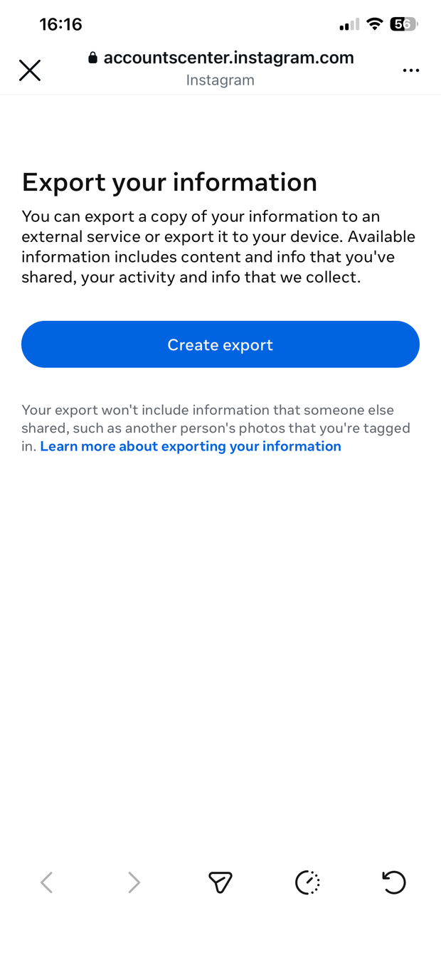 Export your information page, Create export button