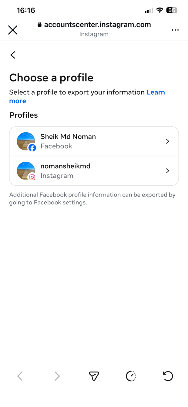 Choose a profile, Instagram account row
