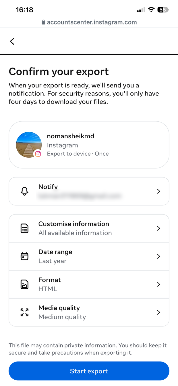 Confirm your export screen, Format row