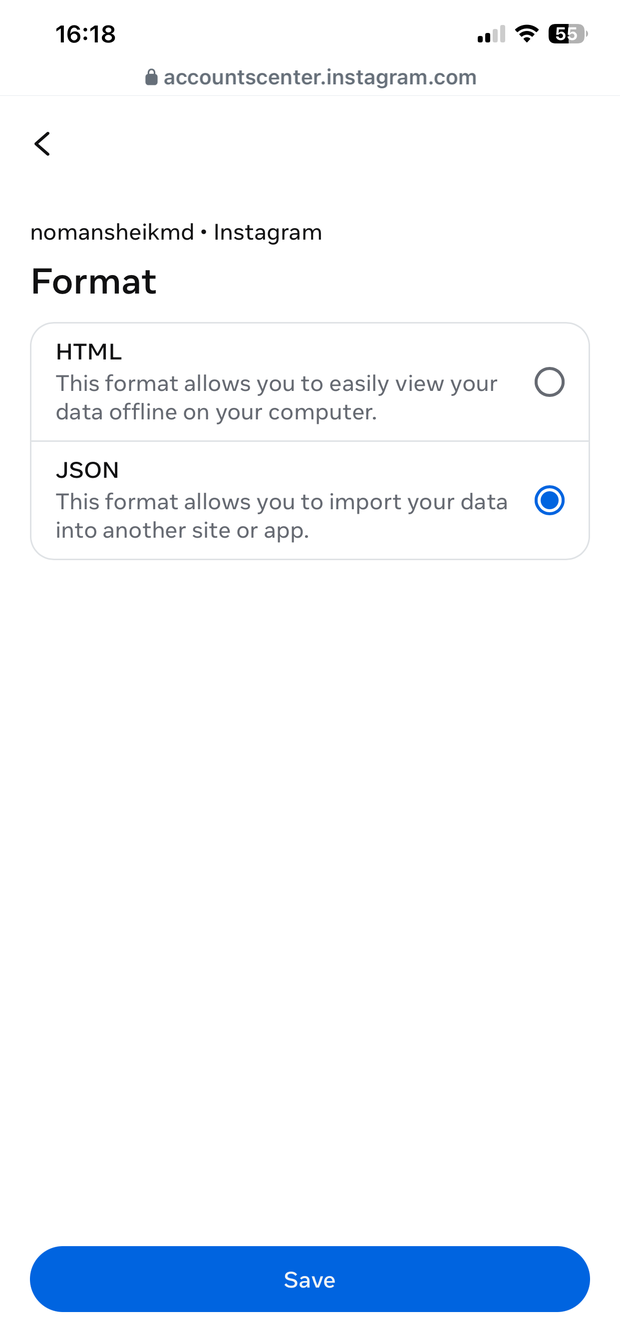 Format options with JSON selected and the Save button