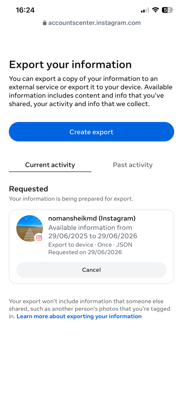 Export your information showing the request being prepared