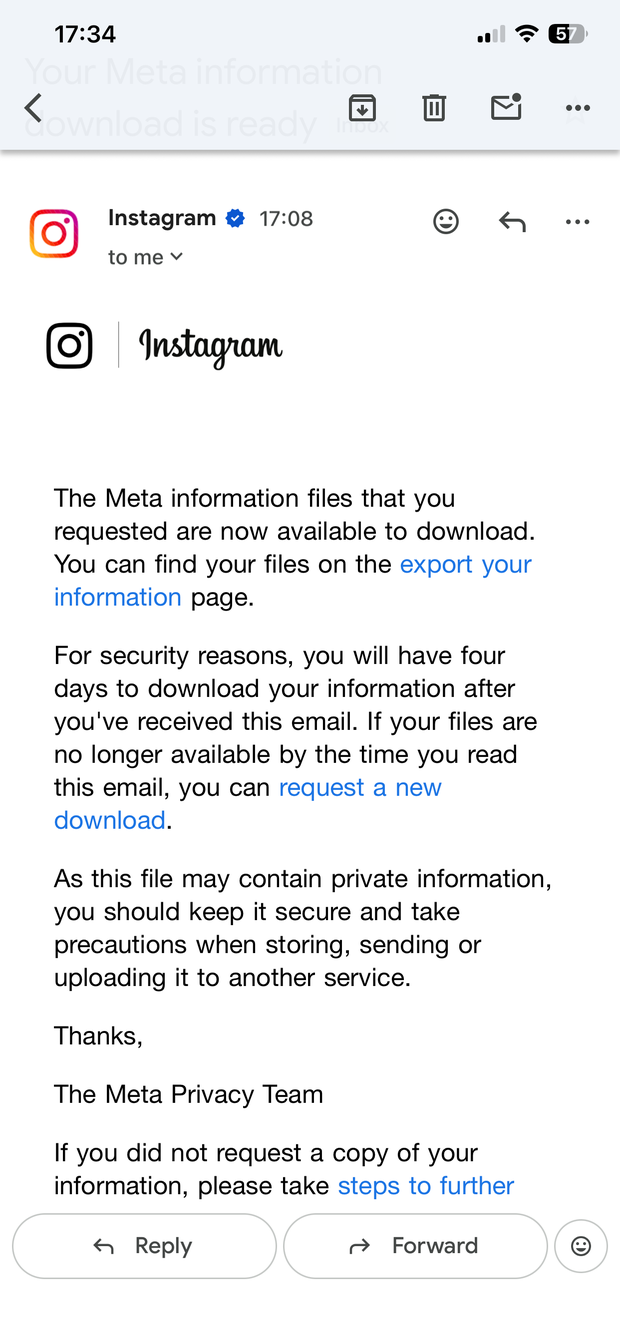Instagram email: your information download is ready