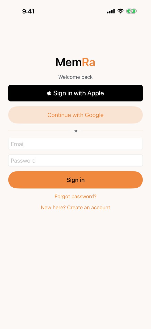 La pantalla de inicio de sesión de MemRa en iPhone, con Sign in with Apple y Continue with Google