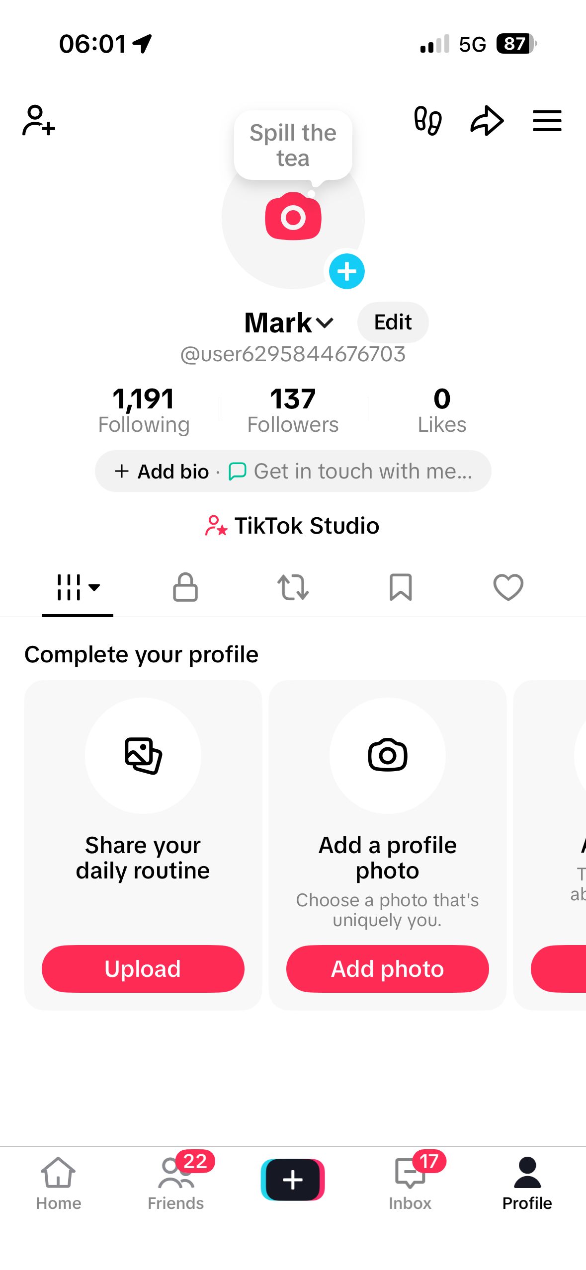 TikTok Profile page, hamburger top-right