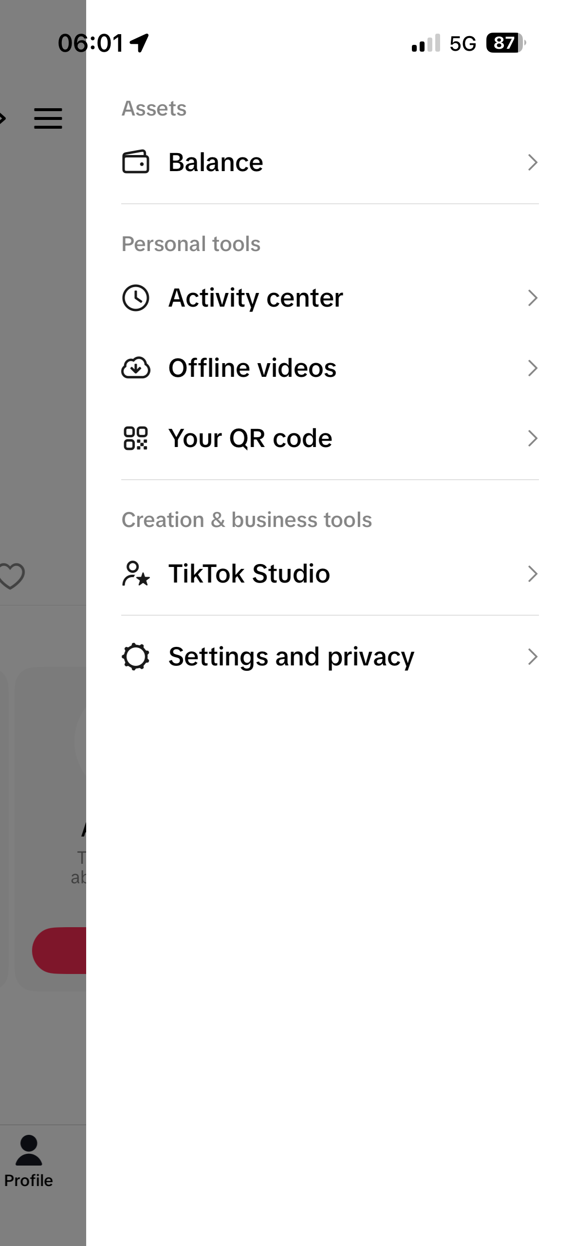 TikTok side menu, Settings and privacy