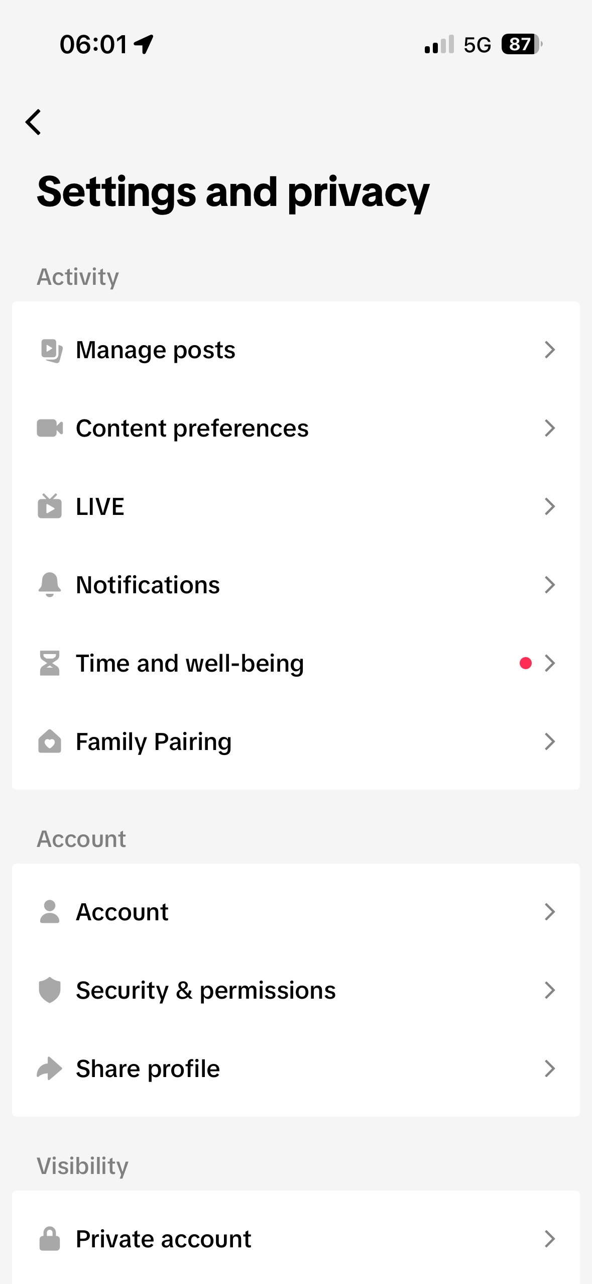 Settings and privacy, Account row