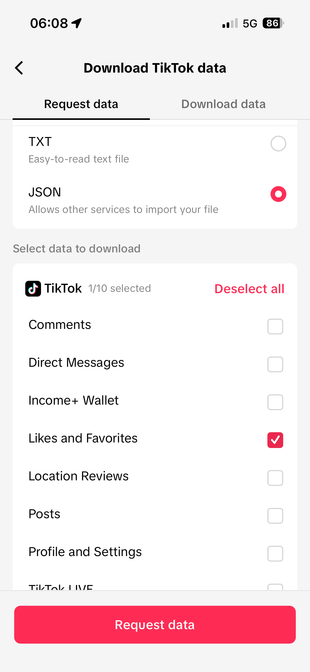 Download TikTok data: JSON format + Likes and Favorites + Request data