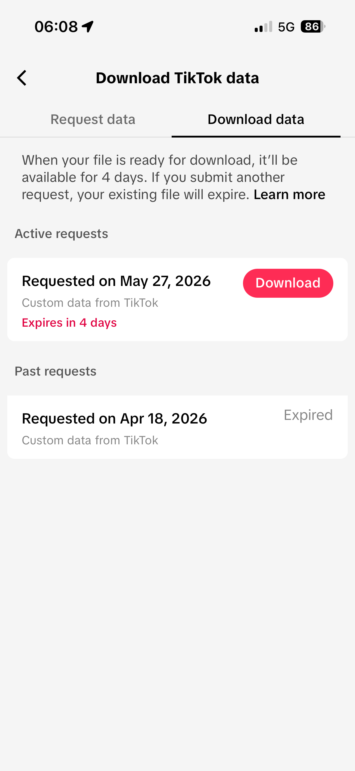 Download data tab, Download button on the active request